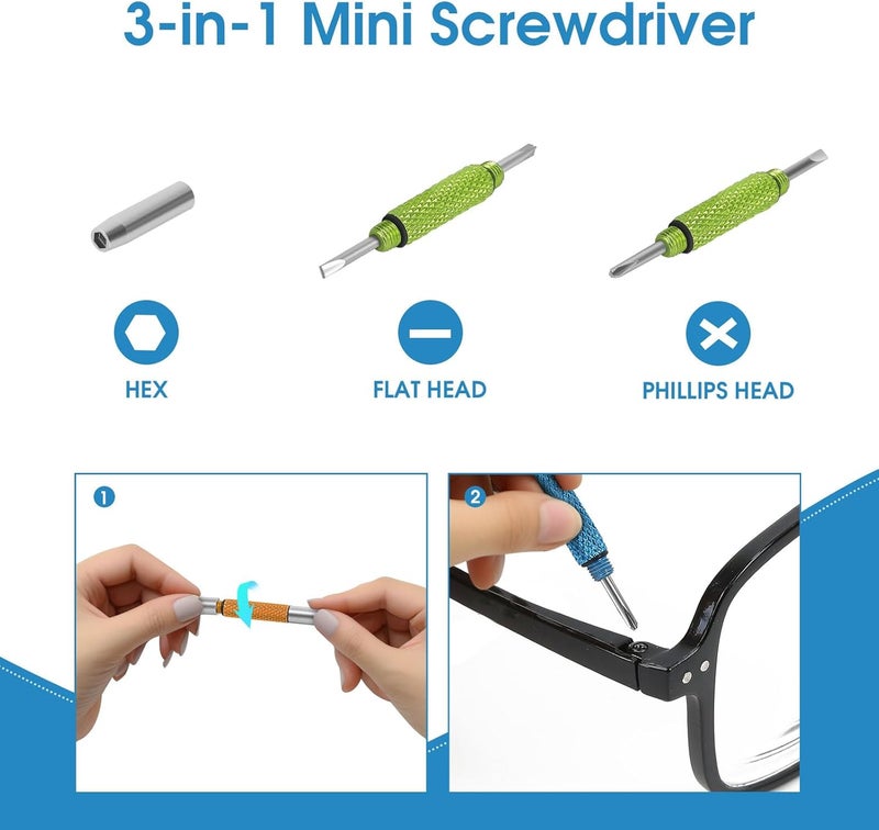 UNEAK Eyeglass Screwdriver Repair Kit Pink Green Yellow Red Blue Mini Glasses Screwdrivers Set Precision 3 in 1 Keychain, Sunglasses, Sunglass, Watch, Electronics, Eyeglasses, Flat Head, Phillips, Hex - Image 5